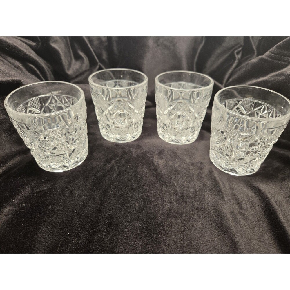 Vtg Fostoria Heritage Whiskey Glasses 1972-1982 UV Manganese Glow 4 piece